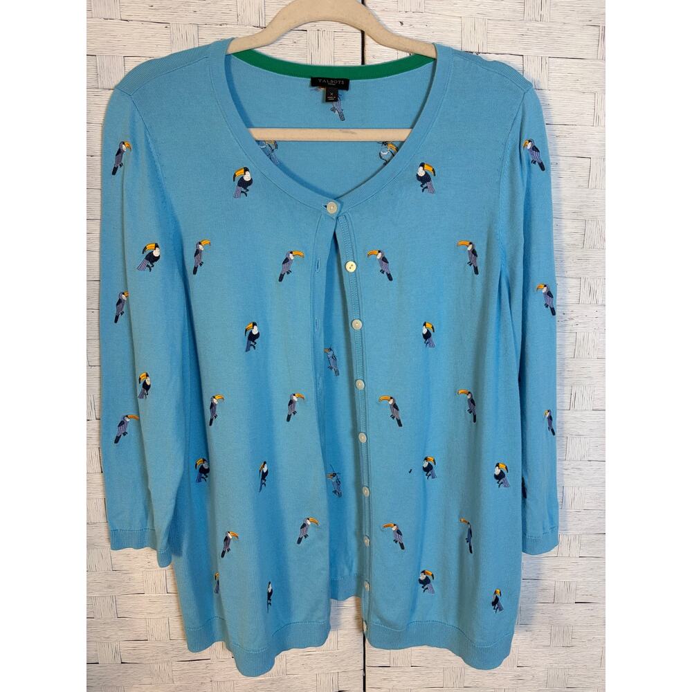 Talbots Women's Cardigan embroidered toucans sweater electric grandma plus size
